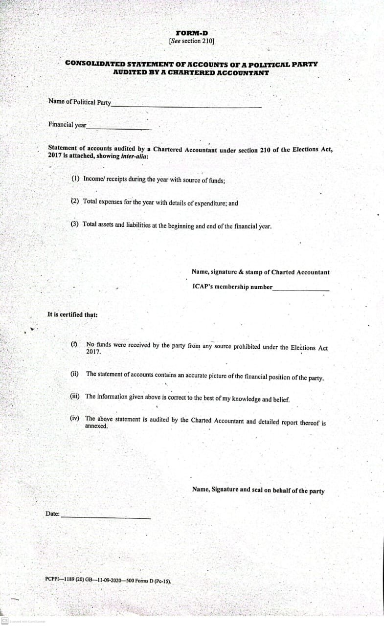 Statement Form D, Statement of Accounts of Political Parties